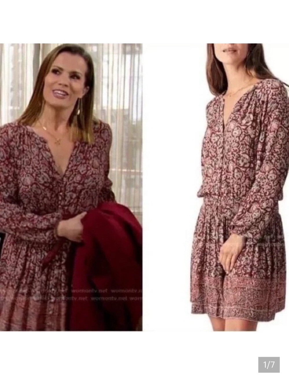 Faherty NWT Women's Montara Floral Long Sleeve Dress Size Medium Burgundy